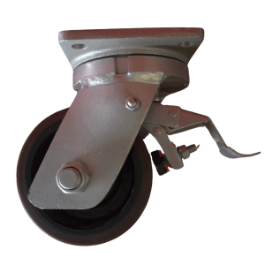 US15075B/PB Swivel Plate Castor 150mm x 75mm Cast Iron Wheel Polyurethane Tread, Braked.