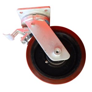 Swivel Plate Castor 250mm x 75mm Cast Iron Wheel, Polyurethane Tread, Braked.