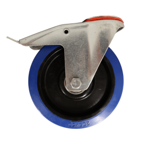 WB200B/HB Bolt Hole Swivel Castor 200mm Blue Elastic Rubber Wheel, Braked.
